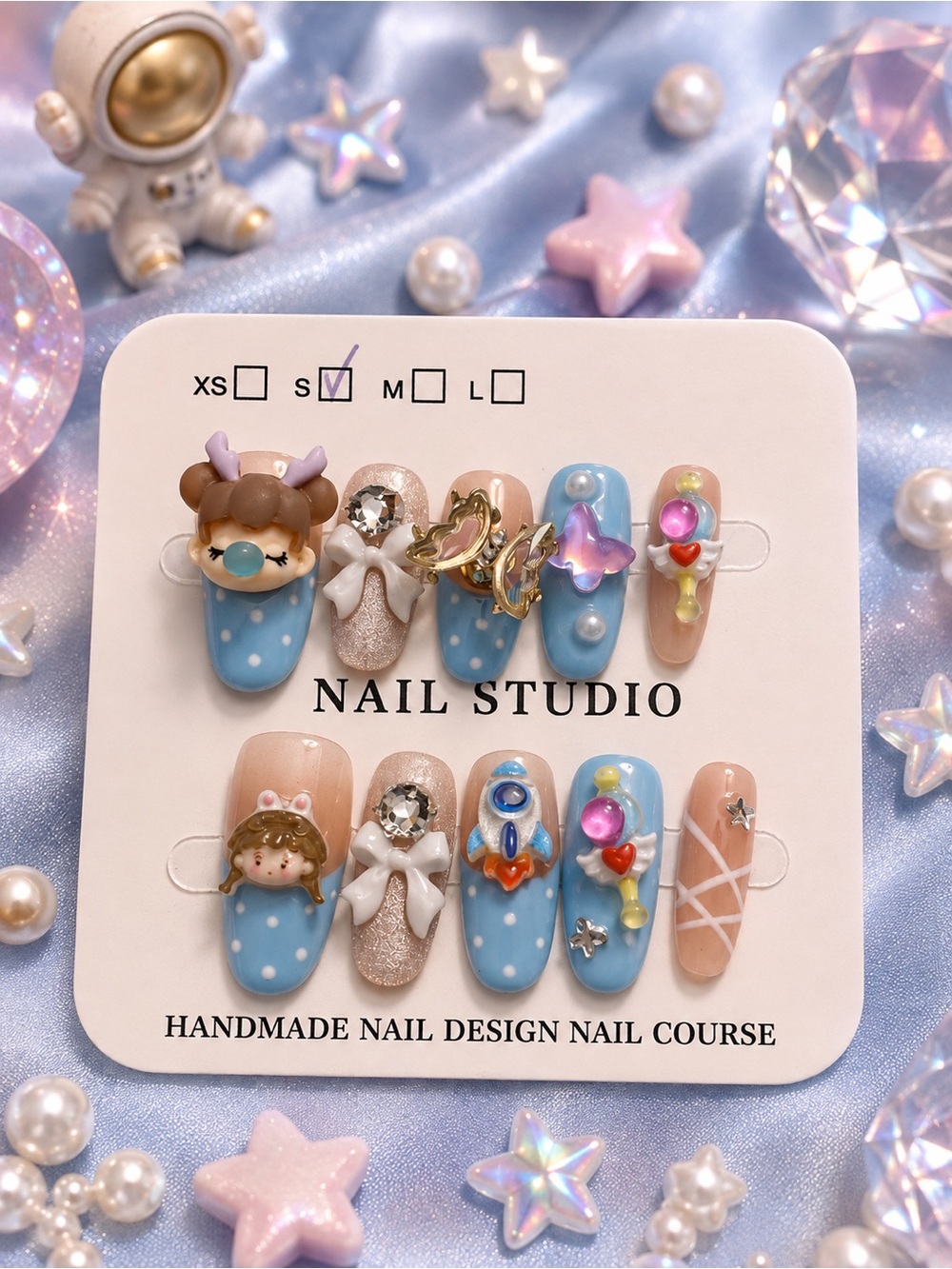 Handmade Kids 3D Cartoon Blue & Pink Nail Set by